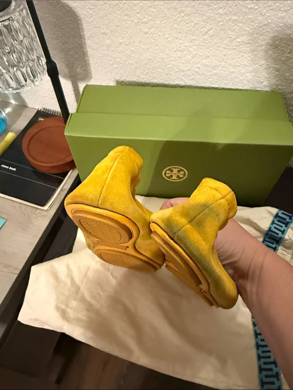 Tory Burch Mustard Yellow Suede Logo Ballet Flats